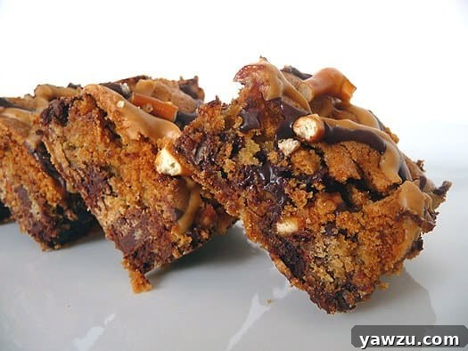 Chocolate chip and pretzel cookie bars on a white plate.