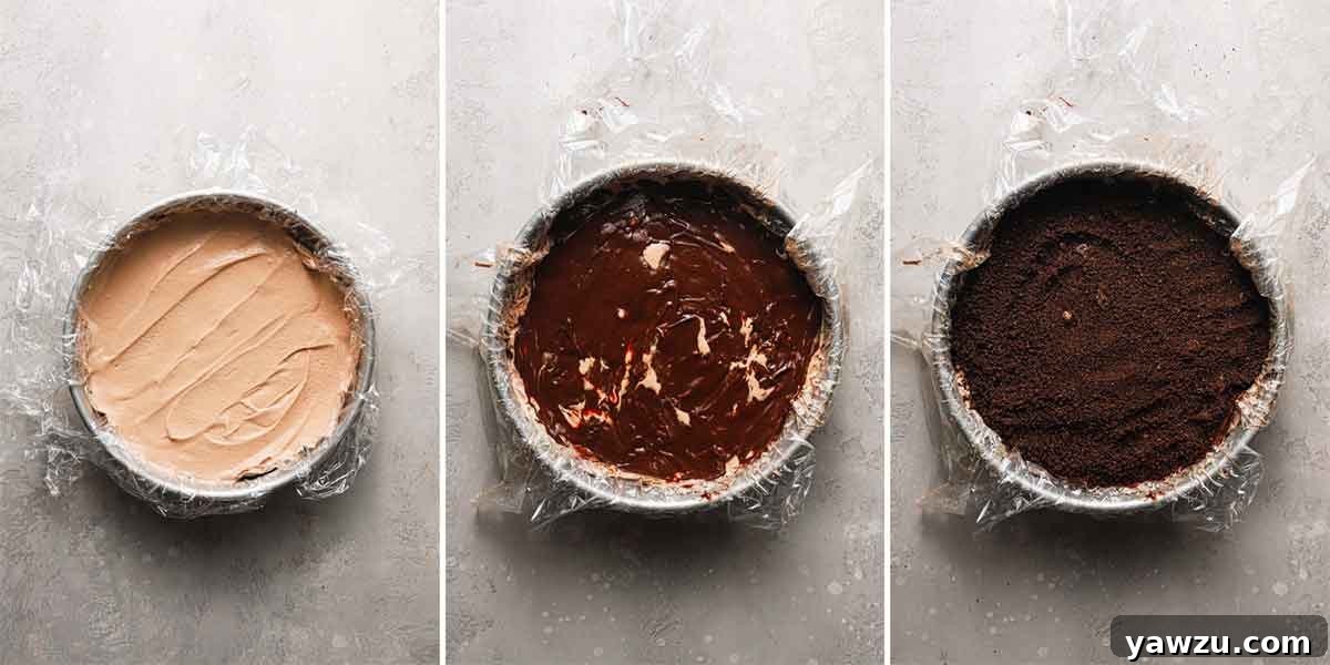 Detailed step-by-step photos illustrating the creation of an ice cream cake, showing layers of chocolate ice cream, followed by hot fudge, and finally a topping of crushed Oreo cookies.