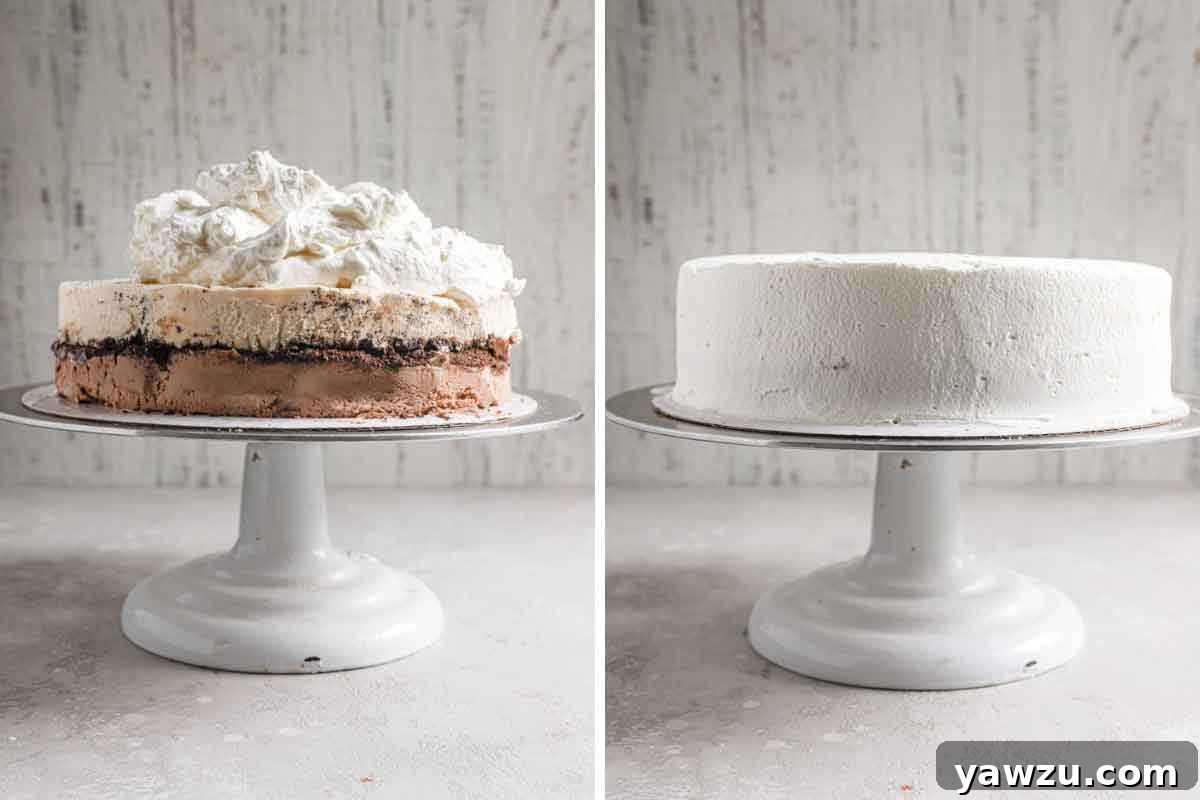 An image showing whipped cream being smoothly spread over the surface of a chilled homemade ice cream cake, preparing it for final decoration.