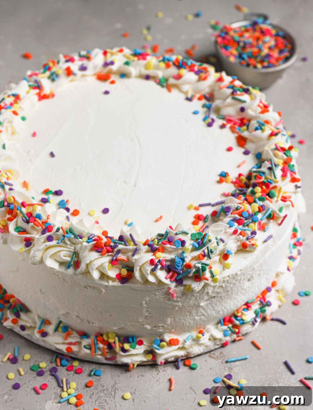 A beautifully assembled homemade ice cream cake, frosted with homemade whipped cream and generously adorned with vibrant rainbow sprinkles, ready for a festive celebration.