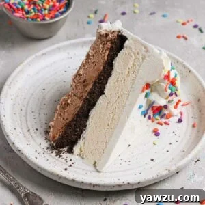 A slice of homemade Dairy Queen style ice cream cake, decorated with sprinkles and ready to serve.
