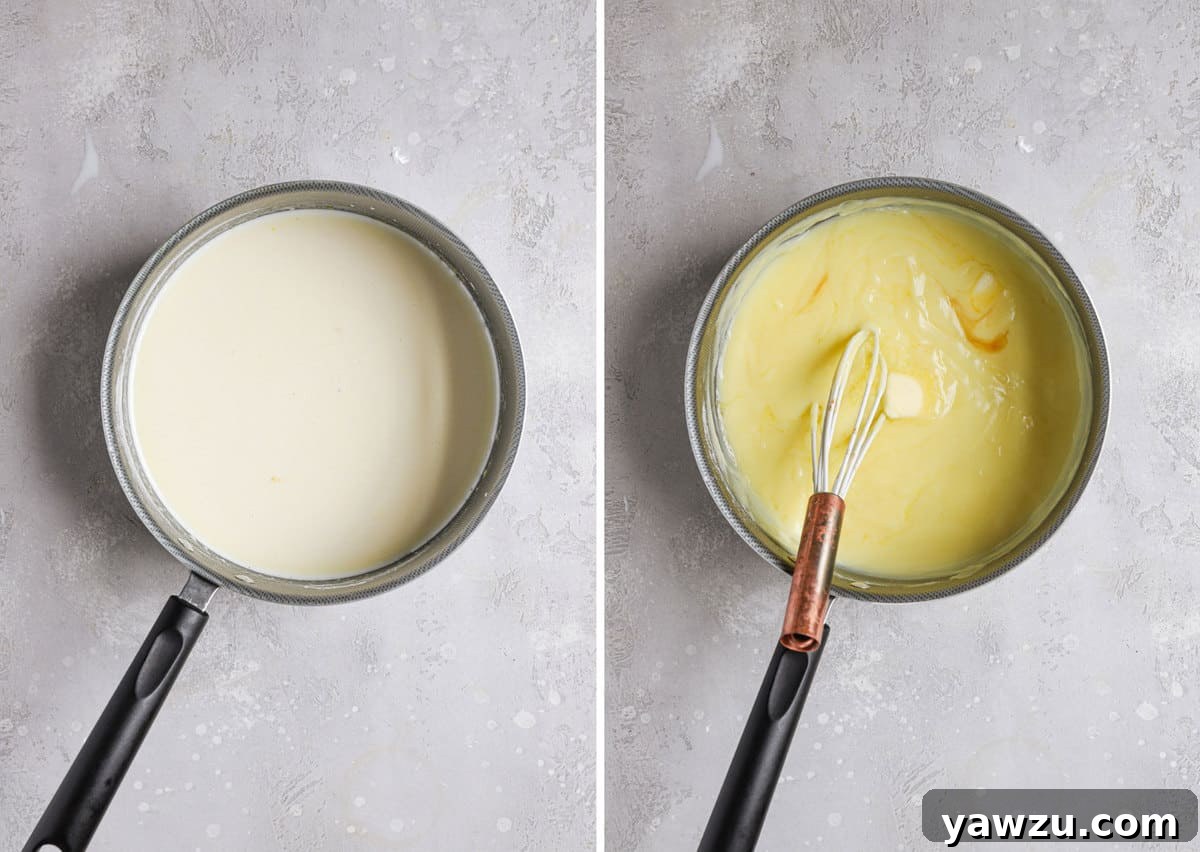 Side by side photos of the pastry cream in a sauce pan before thickening on the left and after thickening on the right.