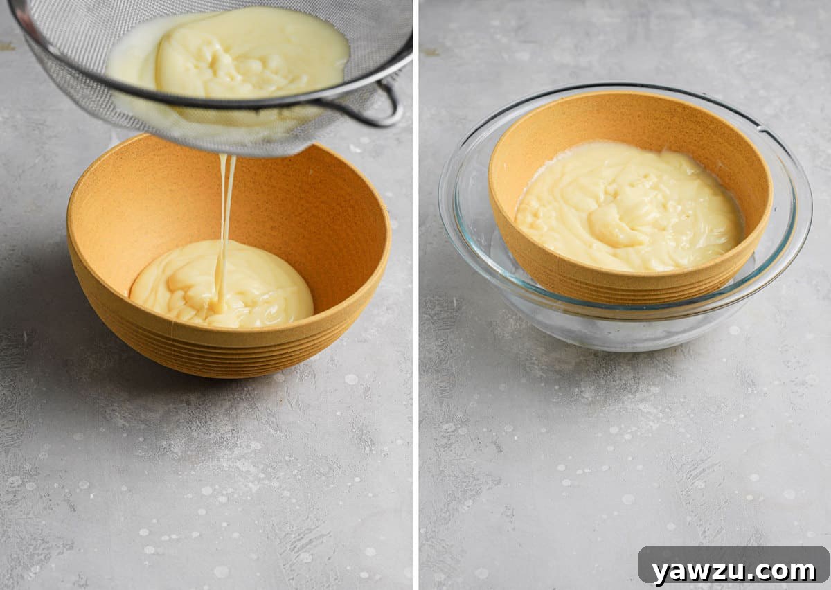 Side by side photos of running the crème pâtissière through a sieve on the left and cooling in an ice bath on the right.
