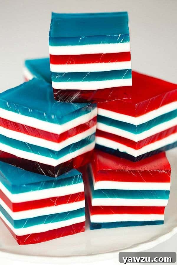 Vibrant Red, White & Blue Layered Finger Jello Squares, perfect for patriotic celebrations
