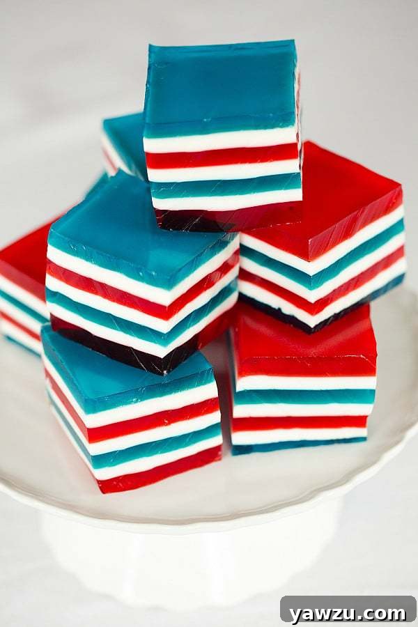 Final presentation of Red, White & Blue Layered Finger Jello, showing its festive appeal