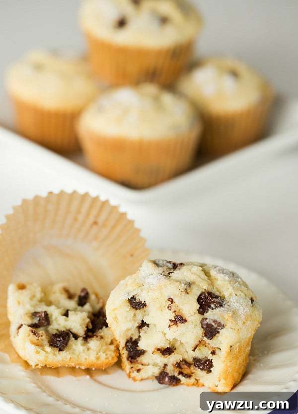 A stack of golden brown chocolate chip muffins on a white plate, with more muffins in the background.