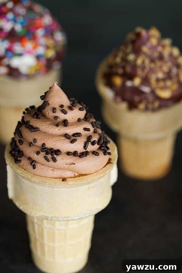 Homemade Ice Cream Cone Cupcakes with various toppings.