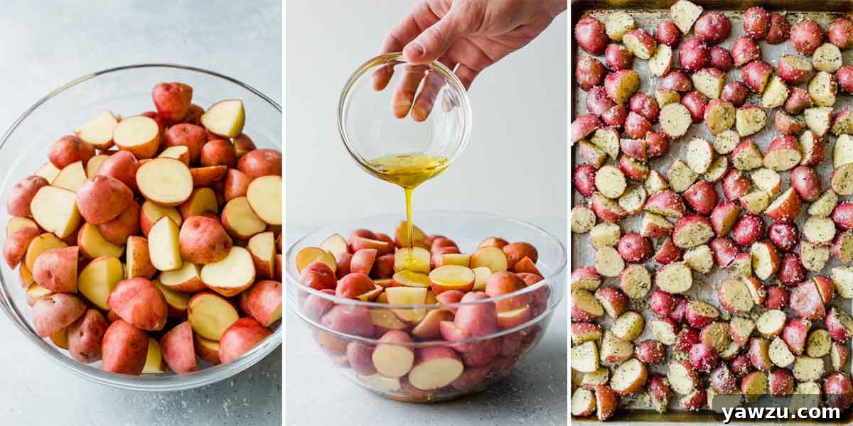 A visual guide showing red potatoes being prepped: cut in a bowl, drizzled with olive oil, and spread on a baking sheet with herbs.