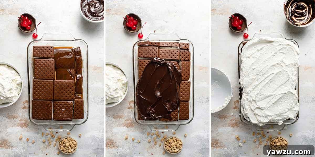 A side-angle view revealing the beautiful layers of an ice cream sandwich cake in a glass baking dish, with the rich hot fudge and fluffy whipped topping stacked neatly over the ice cream sandwiches.