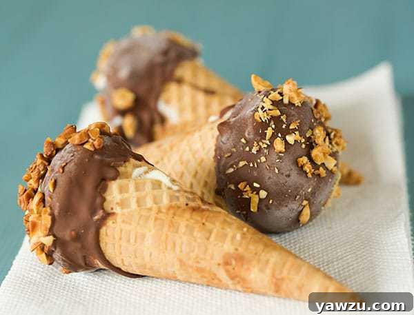 DIY Homemade Drumsticks: Step-by-step guide showing how to prepare sugar cones with chocolate lining and ice cream filling, ready for dipping.