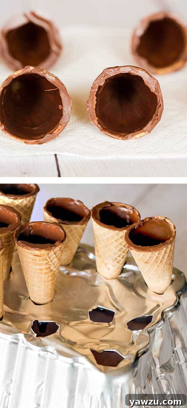 DIY Homemade Drumsticks: Clever setup using an inverted aluminum pan with cutouts to hold sugar cones upright during the freezing process.