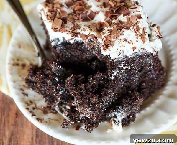 Overhead view of a baked Chocolate Mudslide Poke Cake, topped with whipped cream and generous shavings of dark chocolate, ready to be served. An inviting, easy, and flavorful dessert with a unique cocktail-inspired twist. | browneyedbaker.com