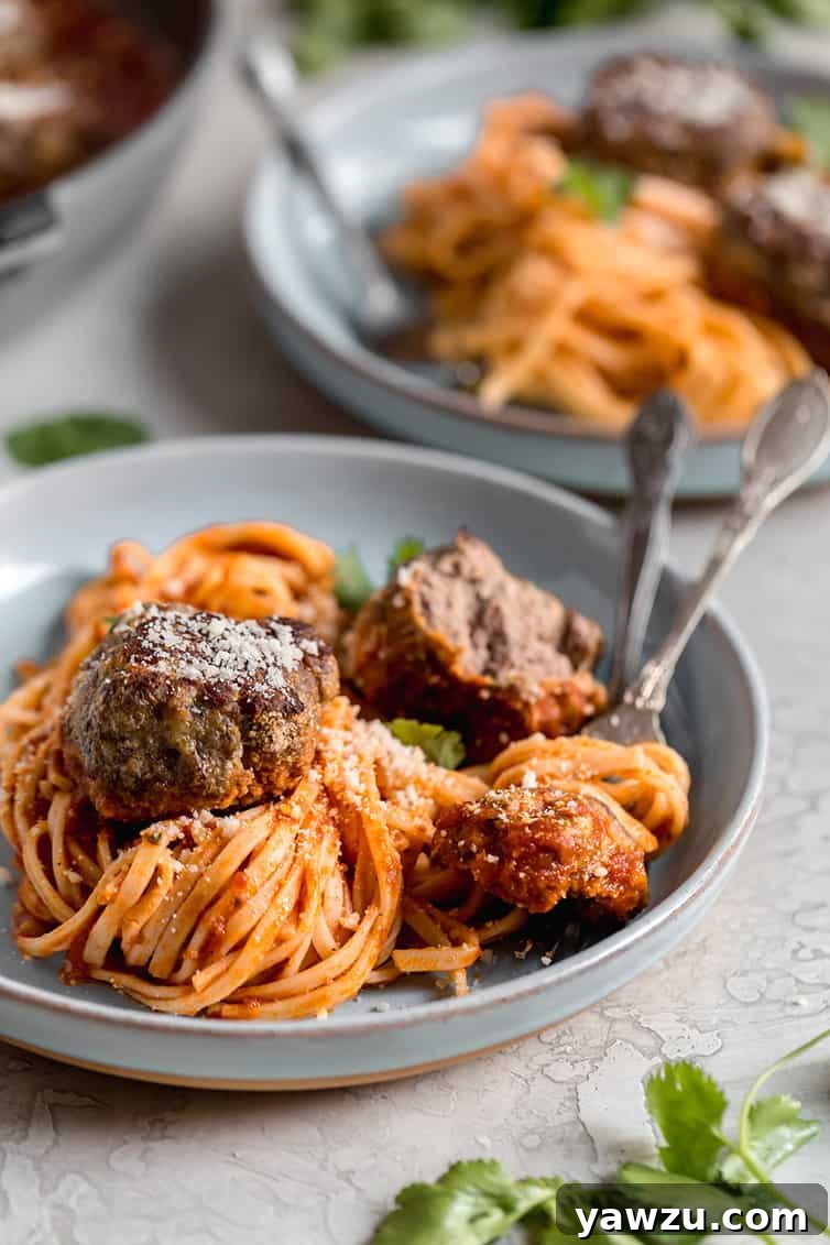 A plate of spaghetti and meatballs, garnished with fresh basil, ready to be served.