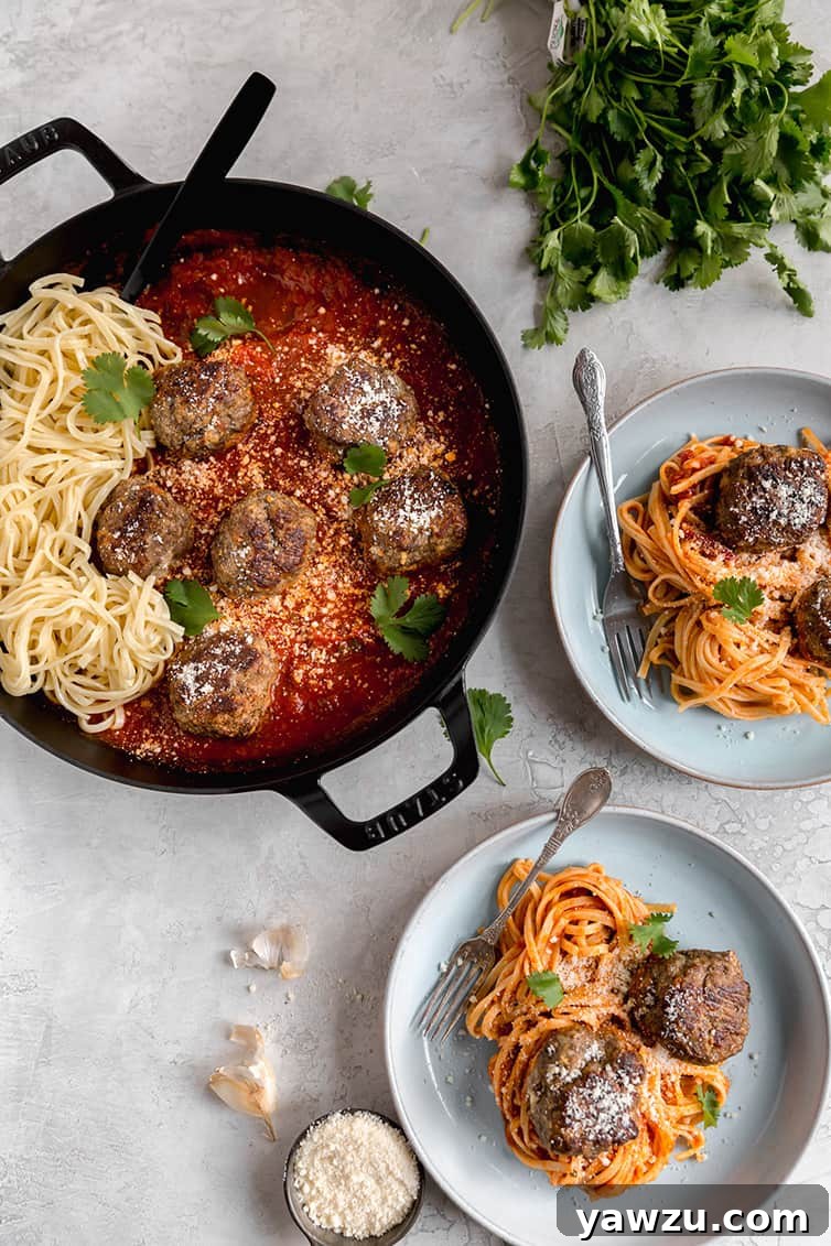 A large pot of simmering red sauce with meatballs, beside two plates of spaghetti and meatballs garnished with fresh herbs.