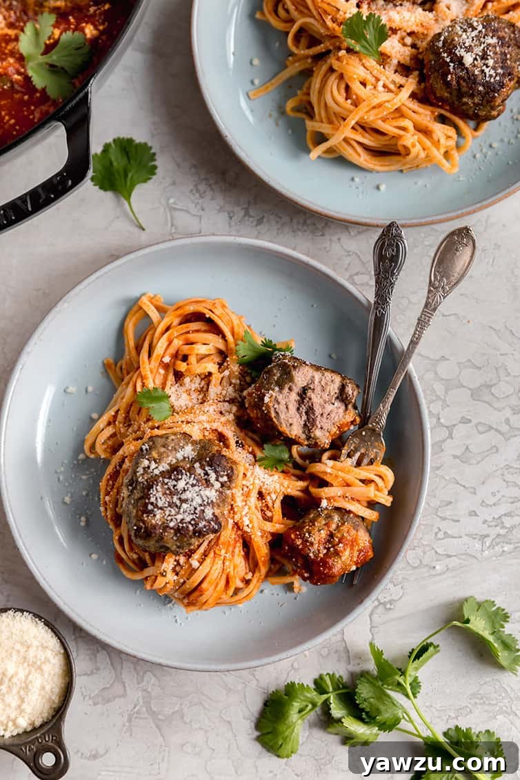 An overhead shot of two generously plated servings of spaghetti and meatballs, garnished with fresh basil leaves.