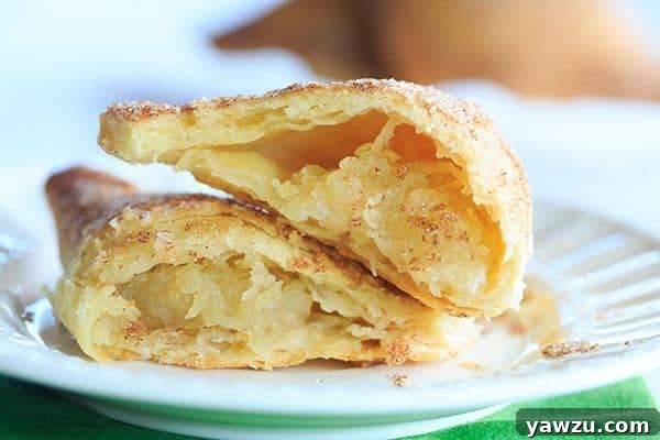 Close-up of a single apple turnover, showing the filling peeking through.