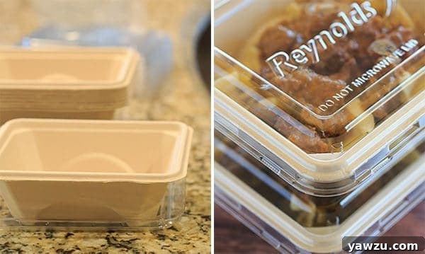 Reynolds disposable heat and eat containers filled with delicious beef stroganoff, perfect for easy meal prep and sharing leftovers.