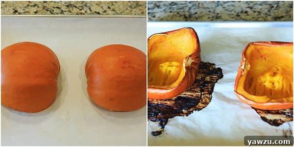 Roasted pumpkin halves on a parchment-lined baking sheet, showing tender, golden-brown flesh.