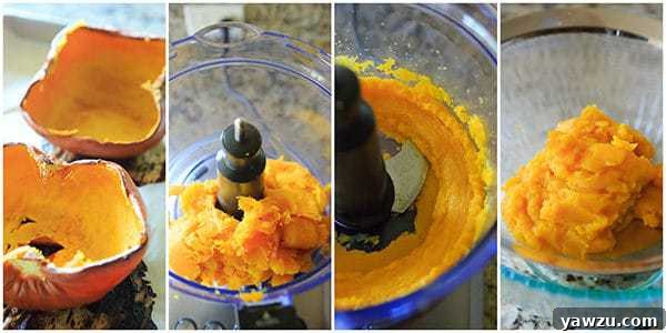 Pumpkin puree being pressed through a fine-mesh sieve into a bowl to remove excess moisture.