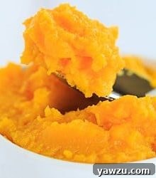 A bowl of homemade pumpkin puree with a small spoon, next to whole pumpkins.