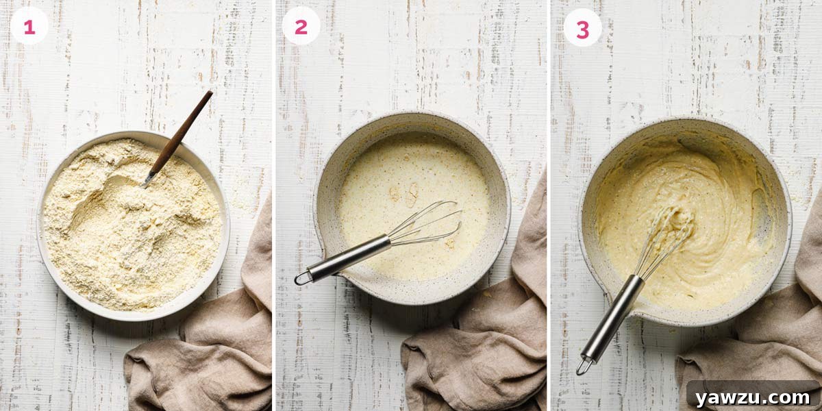 Three side by side photos of the steps for making cornbread muffins.