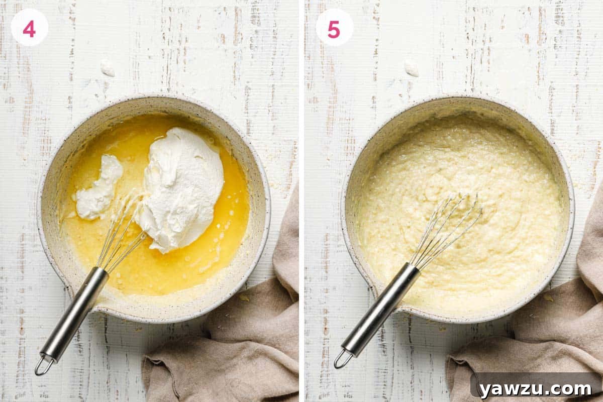 Two side by side photos of bowls with dry and liquid ingredients for making cornbread muffins.