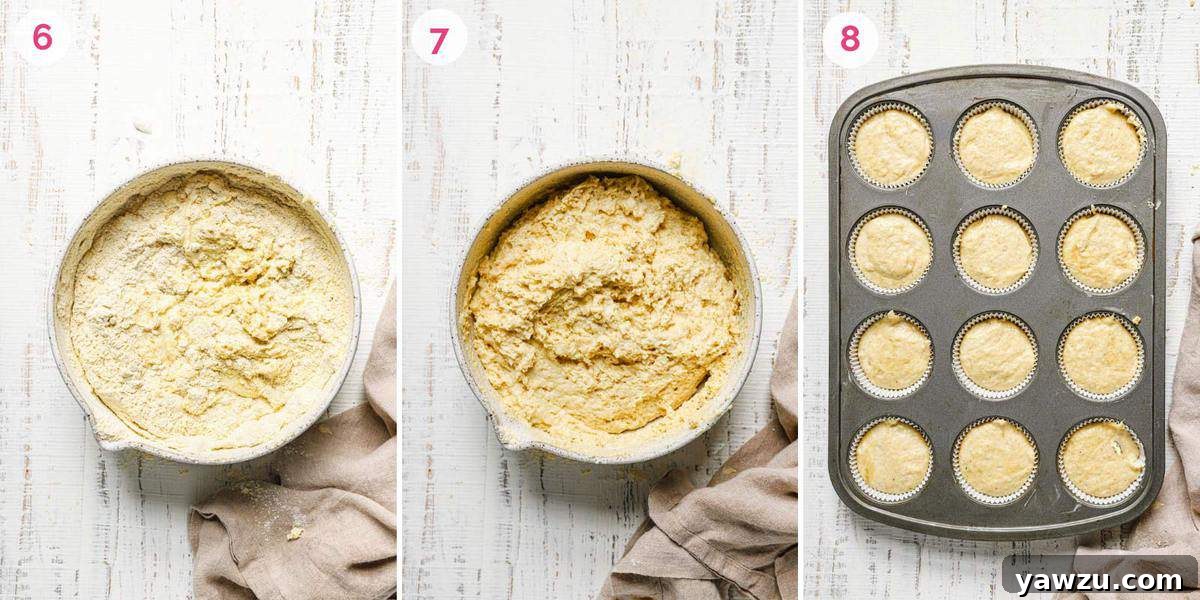 Three side by side photos of the steps for making cornbread muffins with the ingredients in a bowl and unbaked muffins in a tin.