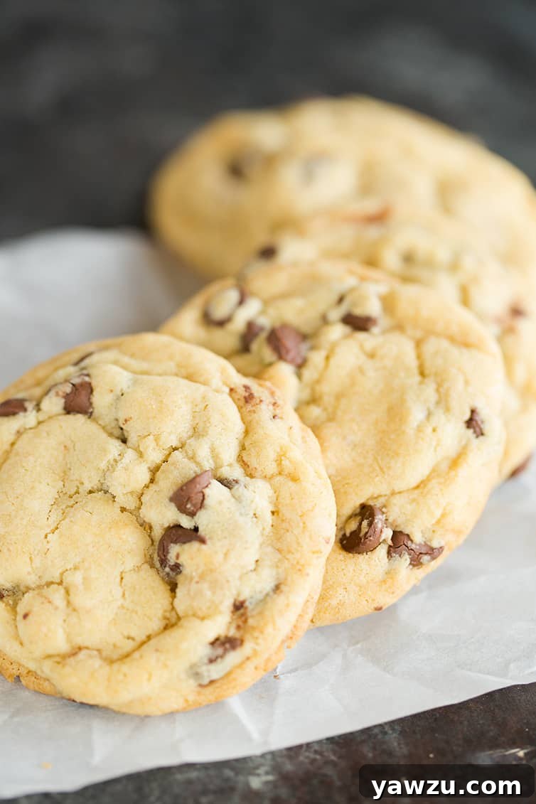 Delicious chocolate chip cookies resting on a piece of parchment paper, showcasing their perfect golden-brown color and abundant chocolate chips.