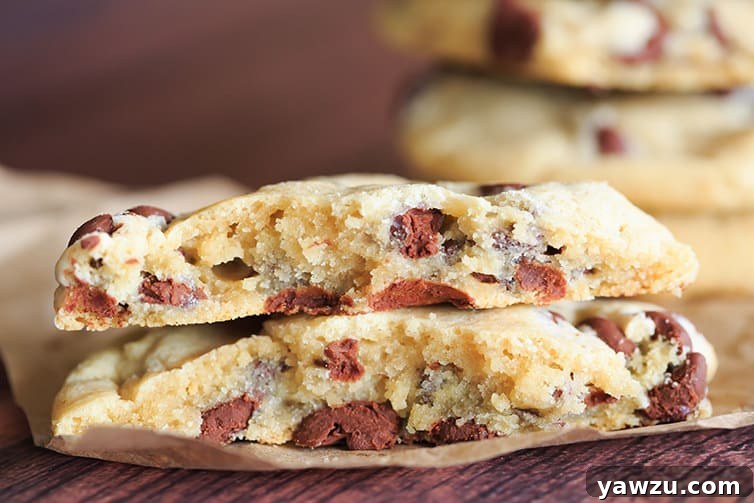 A perfectly baked chocolate chip cookie, warm and inviting, broken in half to showcase its soft, gooey interior and melted chocolate chips.