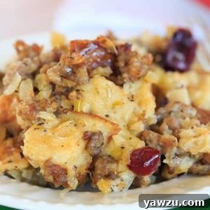 Sausage, Apple & Sage Stuffing made with Challah bread. | https://www.browneyedbaker.com/sausage-apple-sage-stuffing/