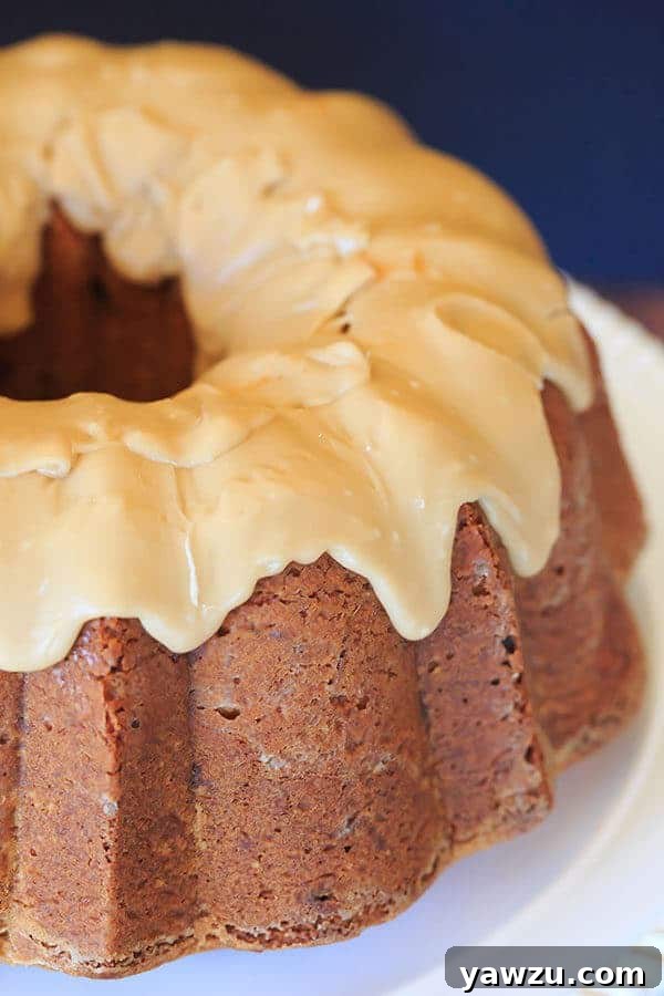Close-up shot of Cranberry-Pecan Pound Cake slice showing cranberries and pecans, with praline frosting