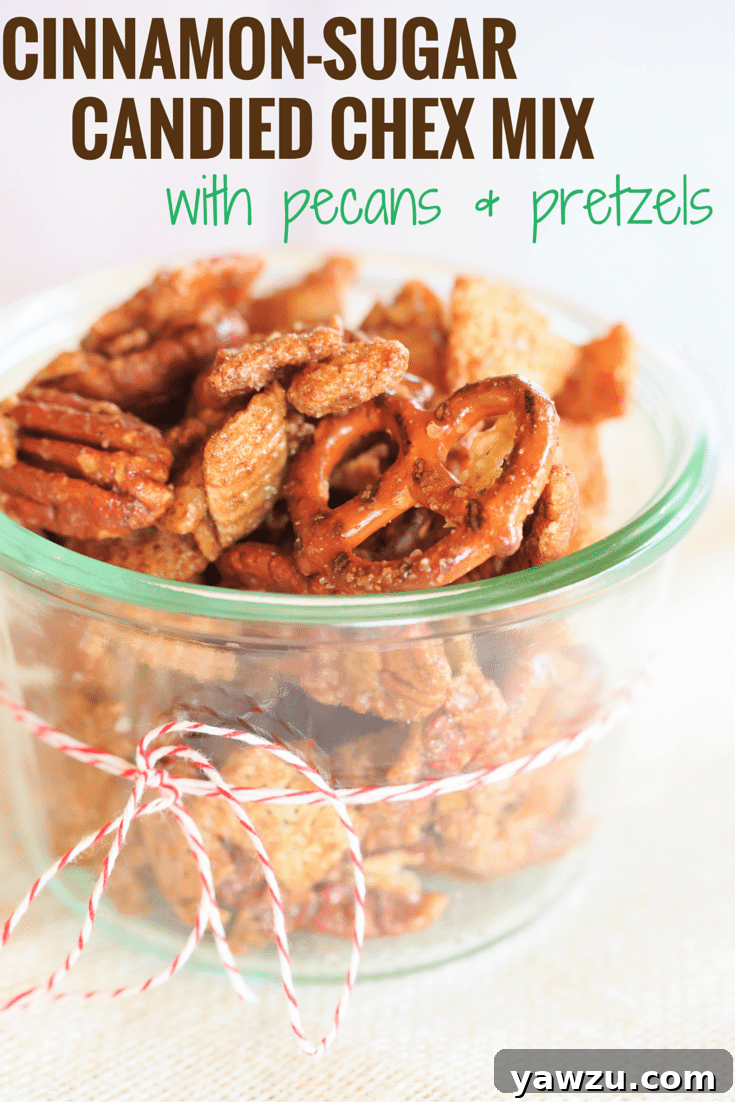 Cinnamon-Sugar Candied Chex Mix with Pecans and Pretzels - A perfect holiday snack and hostess gift!