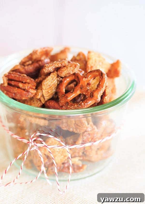 Cinnamon-Sugar Candied Chex Mix with Pecans and Pretzels - A perfect holiday snack and hostess gift!
