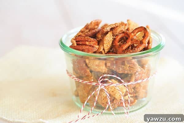 Cinnamon-Sugar Candied Chex Mix with Pecans and Pretzels - A perfect holiday snack and hostess gift!