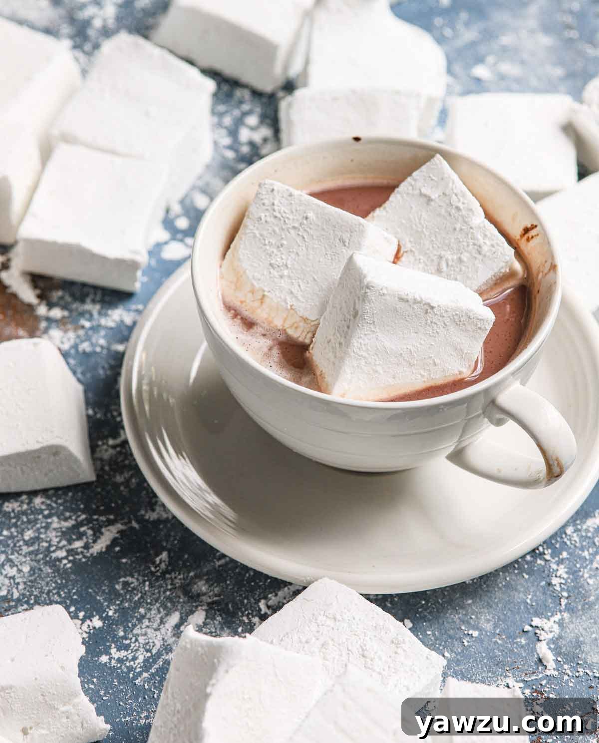 A cup of hot chocolate in a white cup on a white saucer, with three large homemade marshmallows floating on top, inviting a cozy experience.