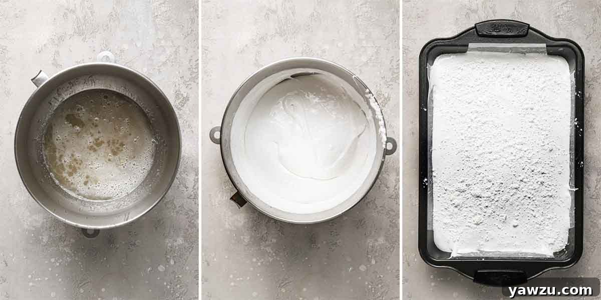 Three-photo collage showing the progression of the marshmallow mixture: hot sugar syrup being carefully poured into the gelatin in a mixing bowl, the thick and glossy marshmallow mixture after whipping, and the mixture spread in a pan, dusted with powdered sugar and cornstarch, ready to set.