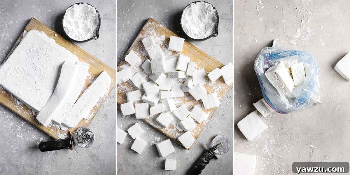Three-photo collage demonstrating marshmallow cutting: the slab cut into long strips, then cut into uniform squares, and finally, squares being coated in powdered sugar and cornstarch in a resealable bag.
