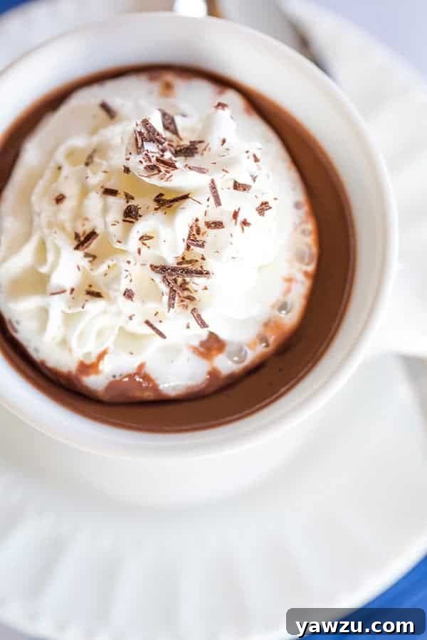 Italian Hot Chocolate (Cioccolata Calda) - A close-up of the smooth, velvety texture in a mug, garnished with whipped cream. Perfect for winter evenings.