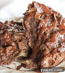 Top-down shot of a serving of chocolate bread pudding with melted chocolate sauce and a dusting of cocoa.
