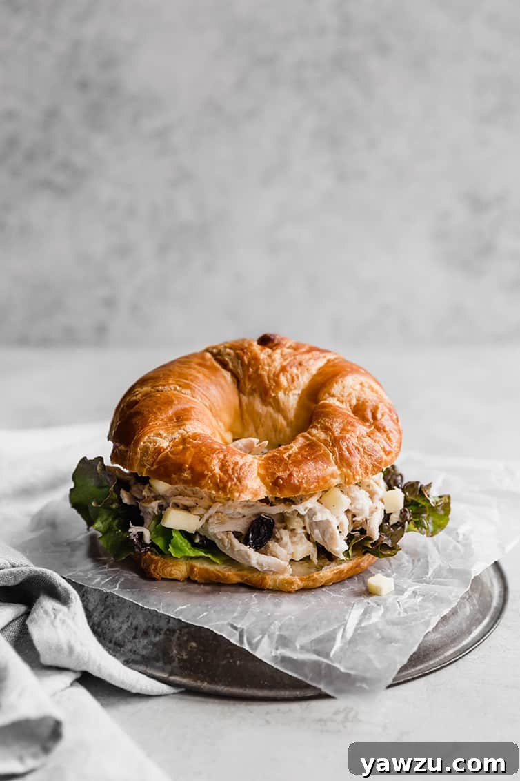 Chicken salad sandwich on a croissant placed on wax paper on a silver plate.