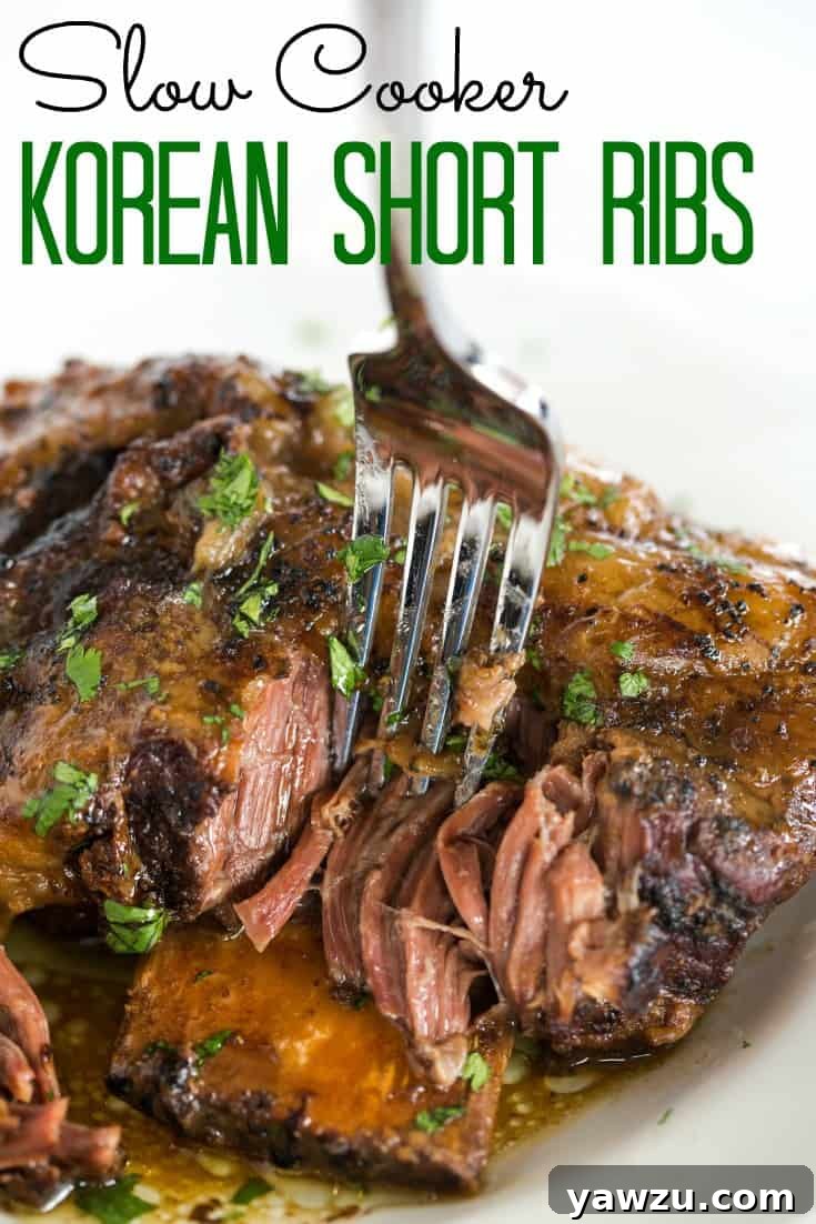 Experience the ultimate comfort food with Slow Cooker Korean Short Ribs, a remarkably easy recipe delivering incredibly tender, fall-off-the-bone meat infused with a rich, savory Korean BBQ flavor. Perfect for a hassle-free, flavorful family dinner.