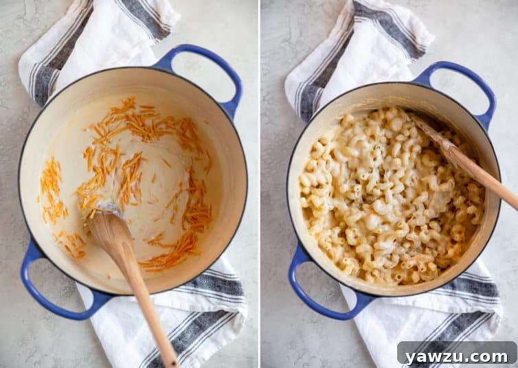 A collage showing the step-by-step process of making the creamy cheese sauce for mac and cheese, from melting butter to adding shredded cheese.