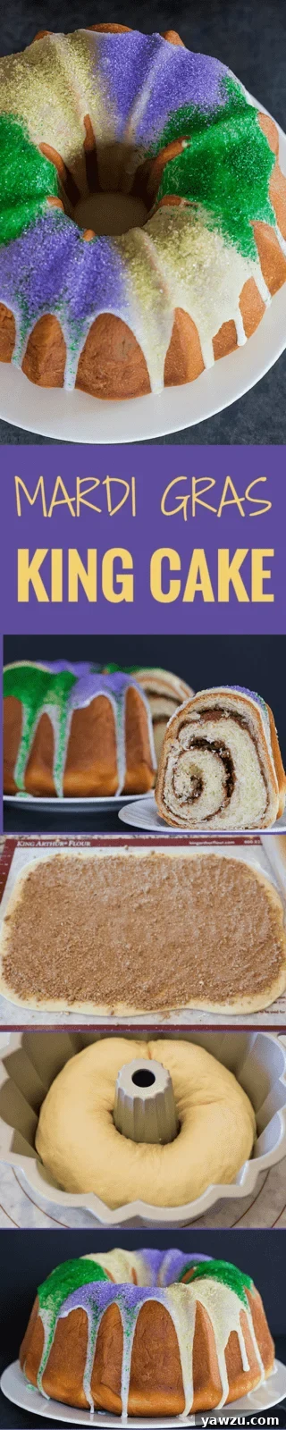 A vibrant Mardi Gras King Bundt Cake, decorated with purple, green, and yellow sanding sugars, and filled with a delectable pecan, brown sugar, and cinnamon swirl.