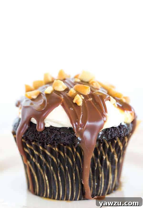 A plate of finished Snickers cupcakes, garnished with peanuts and caramel drizzle.