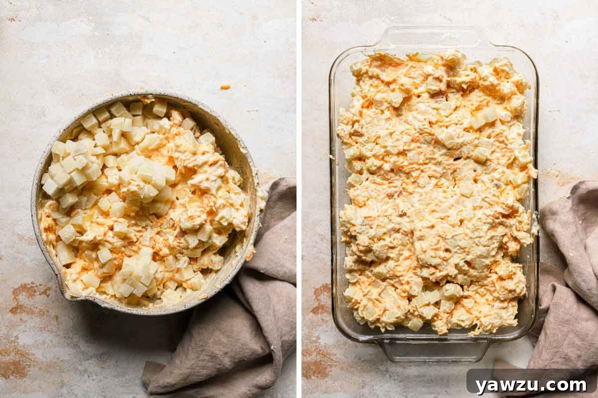 Side by side photos of mixing frozen diced potatoes into casserole mixture, then spreading cheesy potato mixture into baking dish.