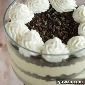 Baileys White Chocolate Mousse - Spiked white chocolate mousse layered into a trifle dish with crushed mint Oreos. An easy dessert for your St. Patrick's Day celebration!