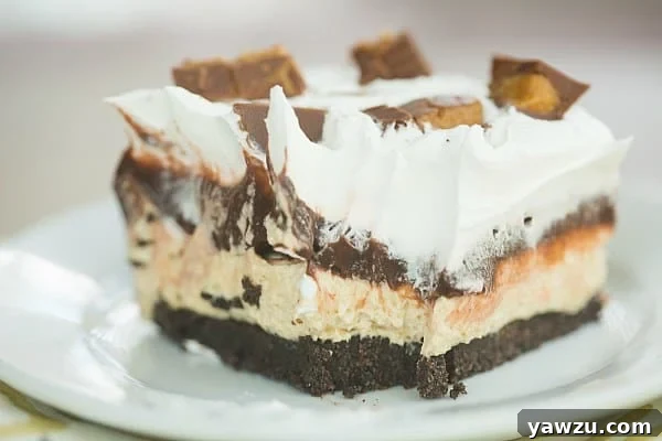 Peanut Butter Cup Icebox Cake: A refreshing, no-bake layered dessert with chocolate wafers, peanut butter cream, and chopped peanut butter cups. Perfect for warm weather.