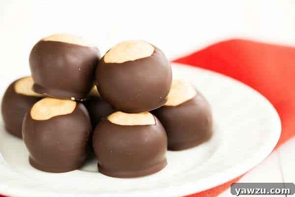Buckeyes: Smooth, sweet peanut butter balls partially dipped in rich dark chocolate, resembling a buckeye nut. A beloved no-bake treat perfect for holidays and parties.