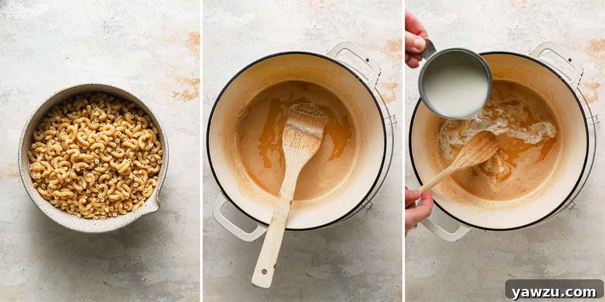 A series of three photos showing elbow macaroni before cooking and making a roux in a Dutch oven, illustrating the initial steps of the mac and cheese recipe.