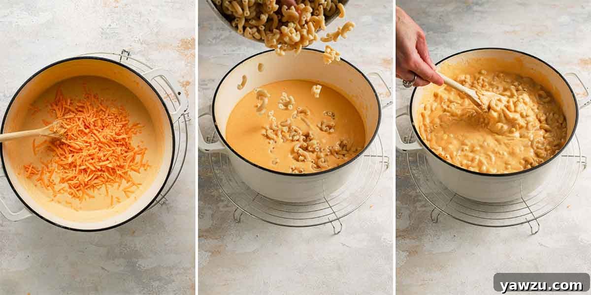 Series of three photos showing the making of a cheese sauce and cooked pasta being added to finish the mac and cheese recipe, highlighting the final steps to creamy perfection.